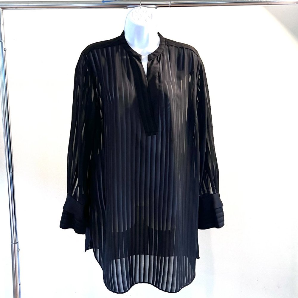 Malene Birger Sheer Black Stripe Silk Blend Long Sleeve Tunic Size Small
